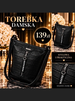 Czarna torebka na ramię z ozdobnymi przeszyciami i zamkiem